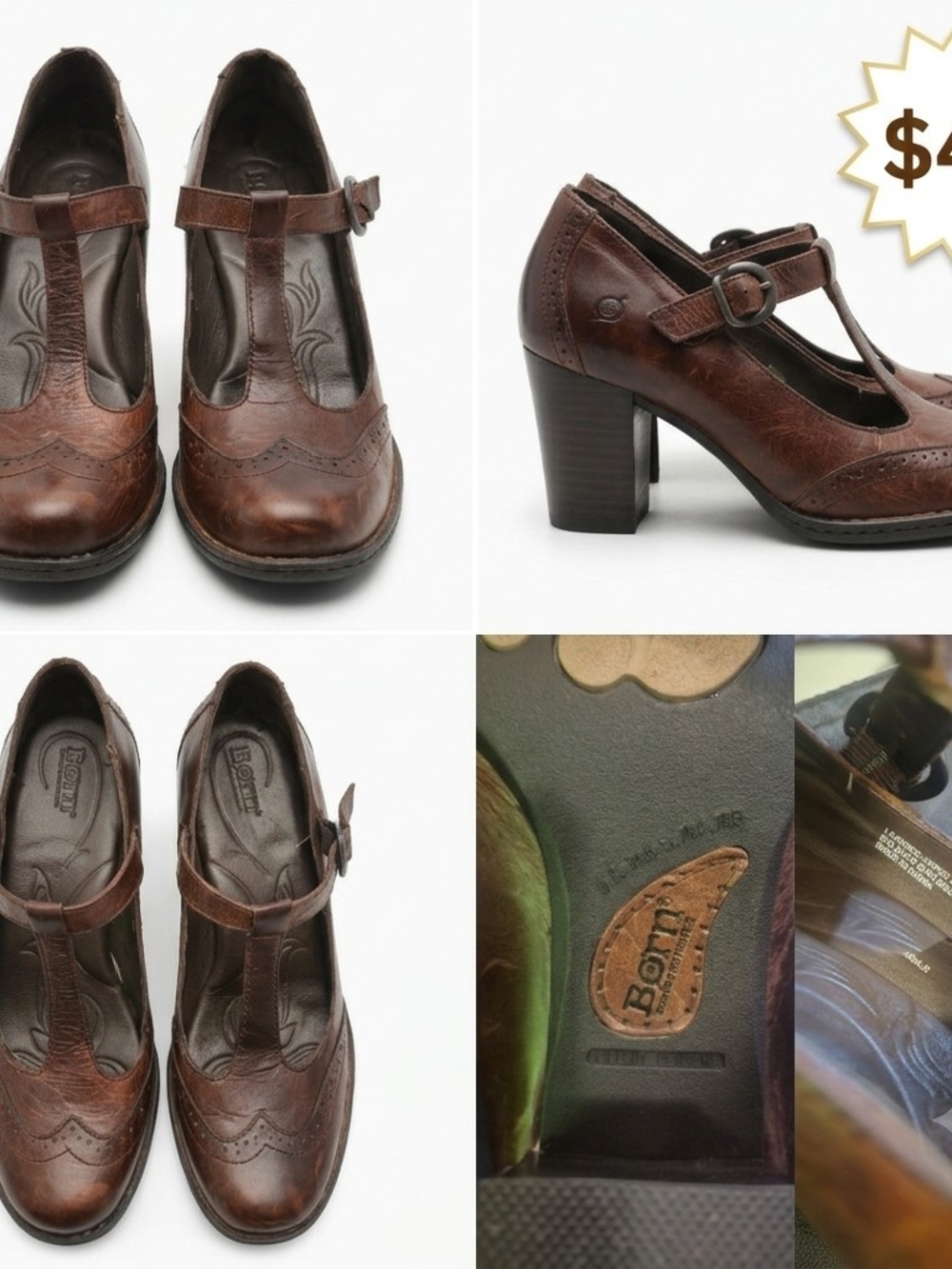Born Brown Leather T-Strap Chunky Heel Pumps